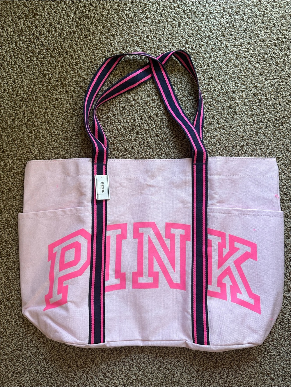 PINK Victoria's Secret Light Pink Canvas Tote with Hot Pink Logo and Navy Straps